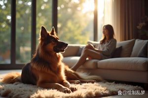 狗狗与女主人在家欢快玩耍，展现浓浓亲情的温馨画面